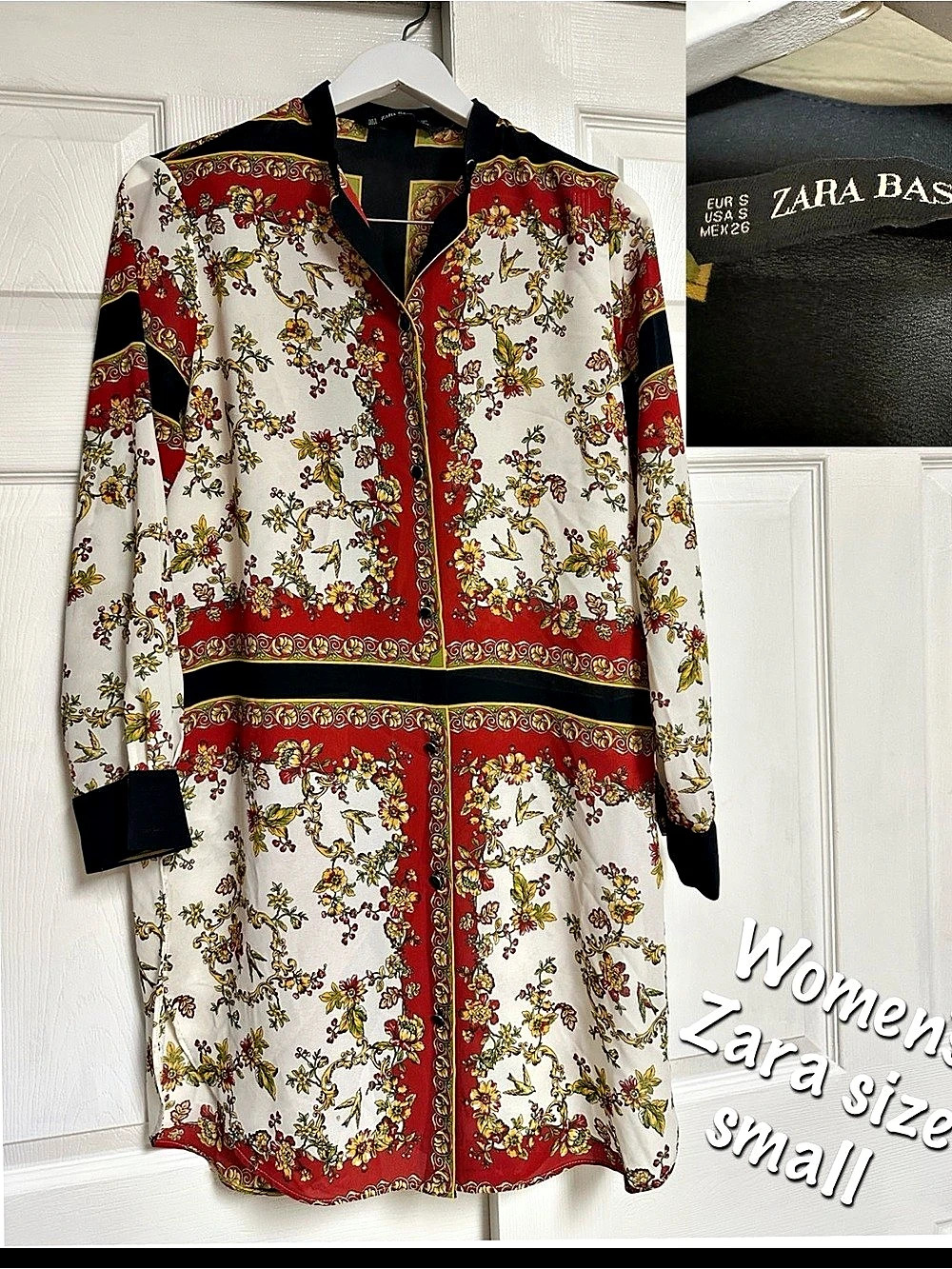 Zara Floral Scarf Button Down Shirt Dress White & Red Small